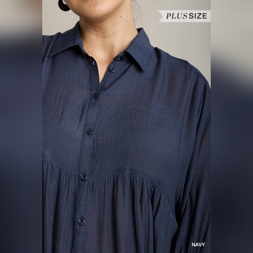 LAST ONE! NWT Umgee Navy Blue 3/4 Sleeve  Button Down Oversize  Tunic Top - Picture 4 of 4